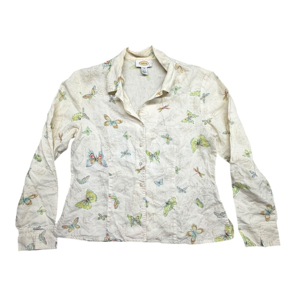 Talbots Women 10 Linen Butterfly Dragonfly Print Button Front Blouse Cream Multi